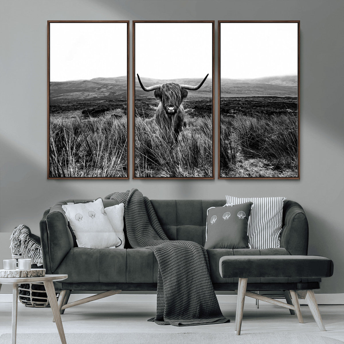 Black and White Highland Cow Canvas Wall Art, Longhorn