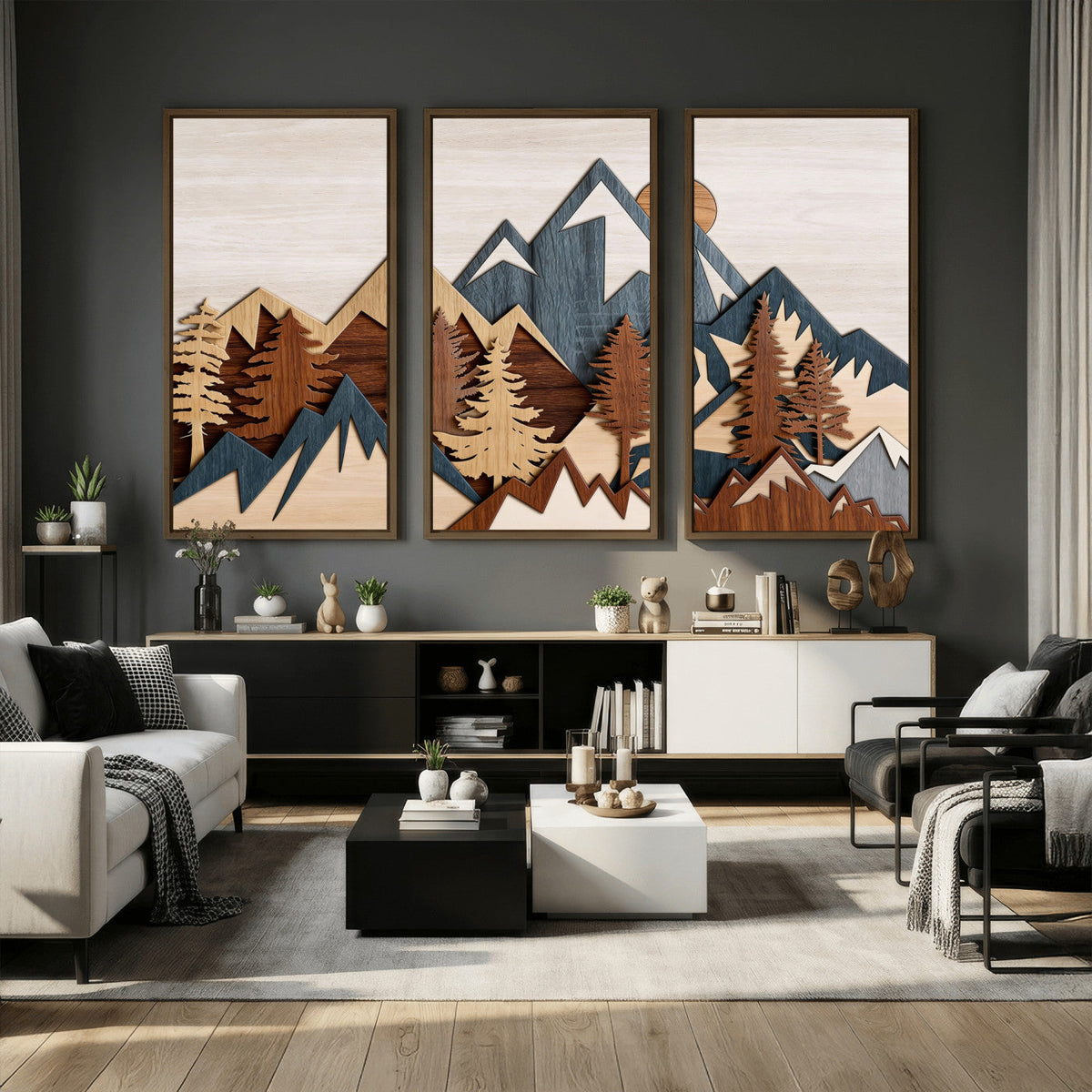 Woodland Mountain Landscape Triptych, Giclee Canvas Art for