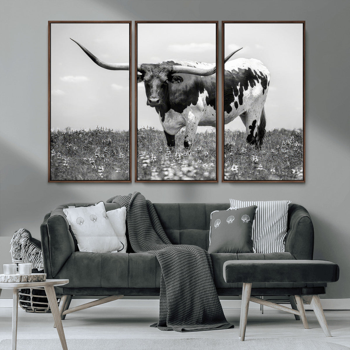 Texas Black White Highland Longhorn Cow Wall Art Canvas