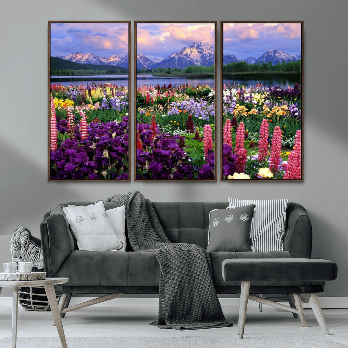 Vibrant Wildflower Garden and Mountain View Giclee Canvas