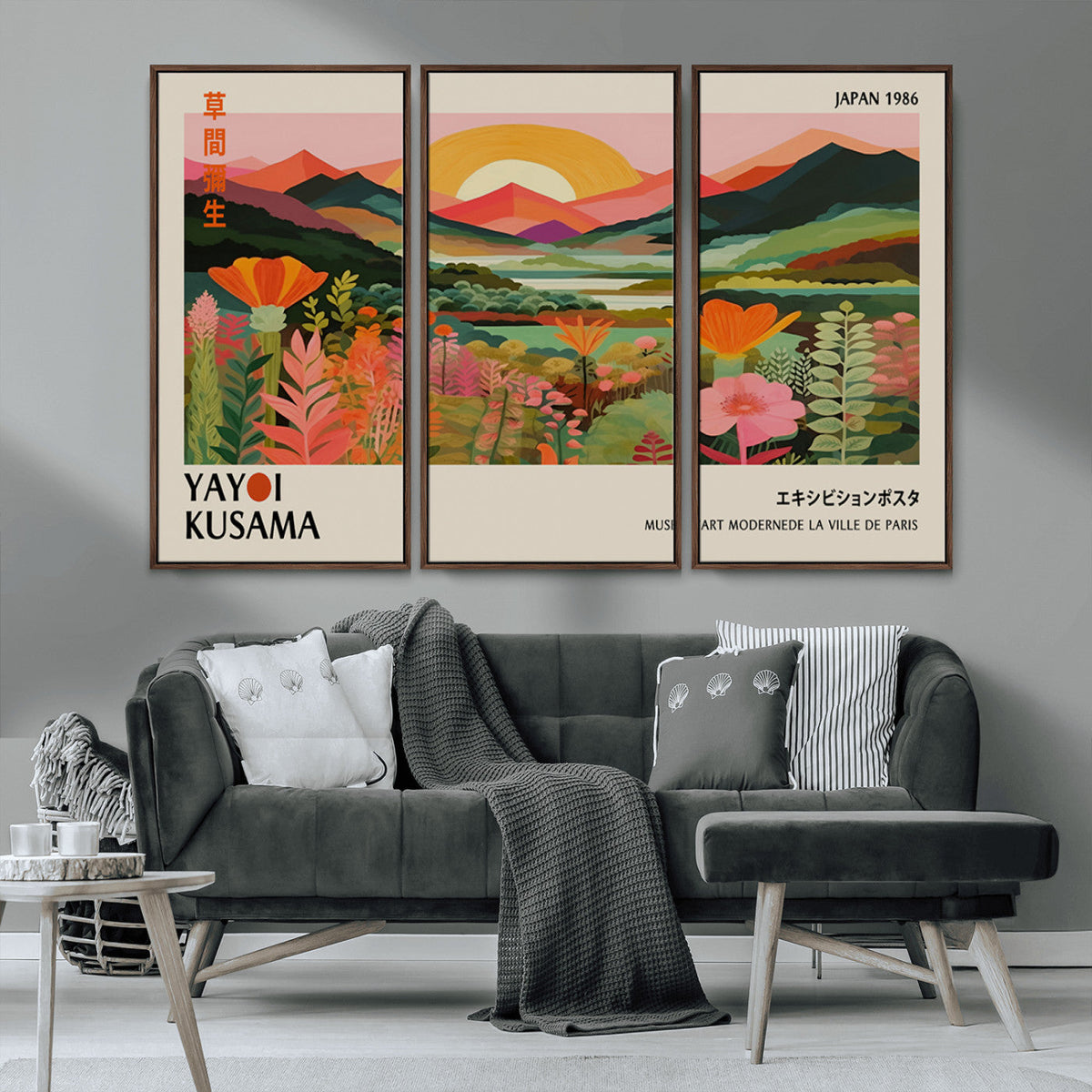 Framed Yayoi Kusama Print, Vibrant Floral Mountain Art