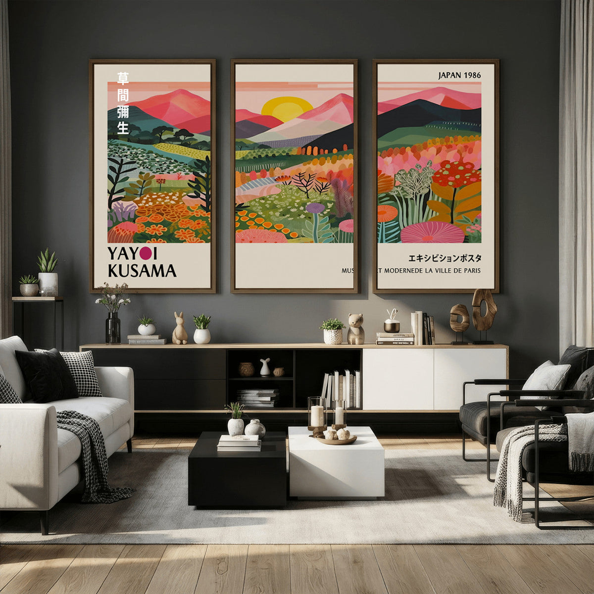 Yayoi Kusama Landscape Canvas Print, Vibrant Floral Mountain Art Print, Framed Botanical Wall Art -
