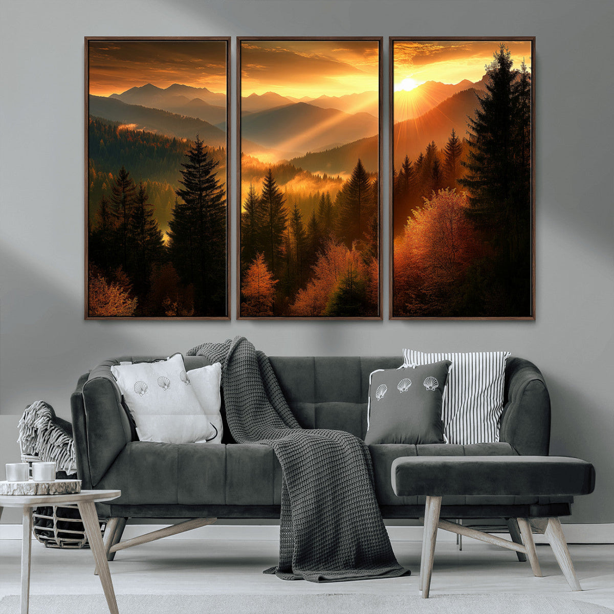 Golden Sunset Over Mountain Forest Canvas Wall Art Print -
