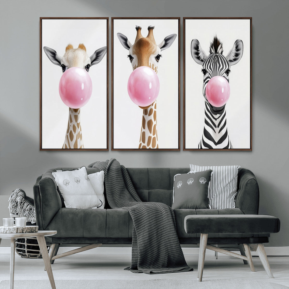 Bubblegum Animals Canvas Wall Art - Playful Giraffe and