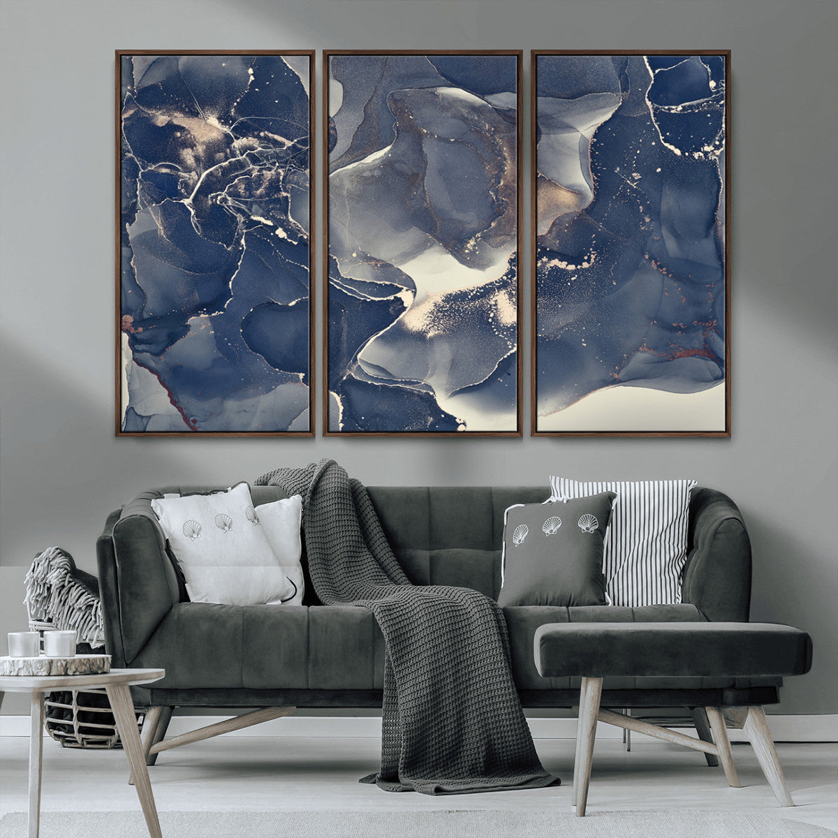 Large Abstract Blue and Gold Canvas Wall Art Fluid Ink