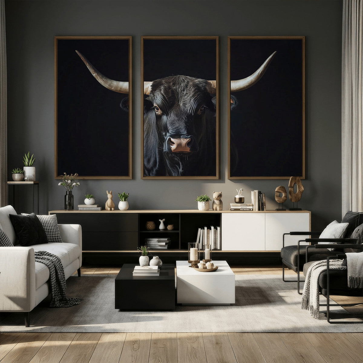 Majestic Longhorn Bull Wall Art Canvas Print – Dark