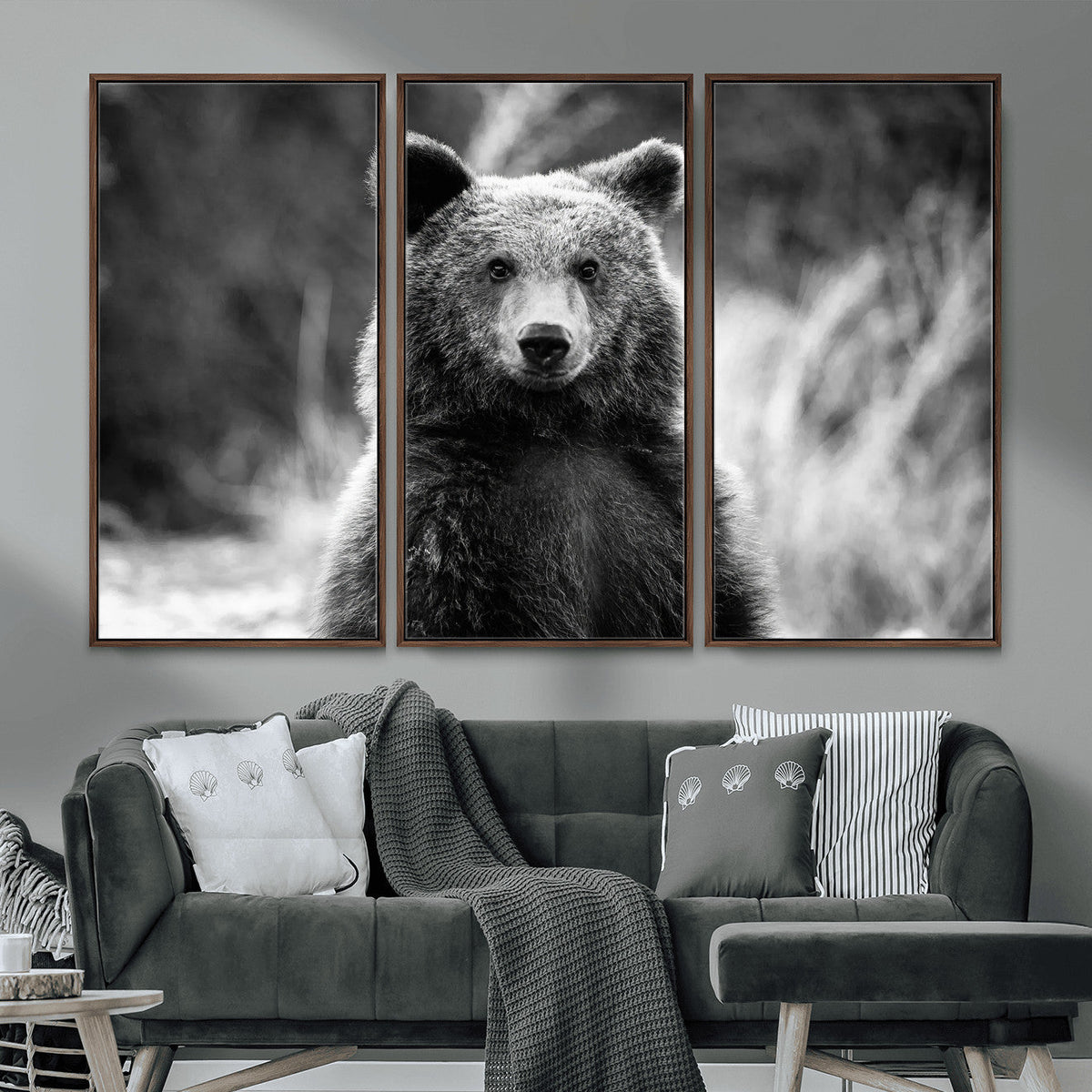 Grizzly Bear Wall Art Canvas Print – Framed Black White