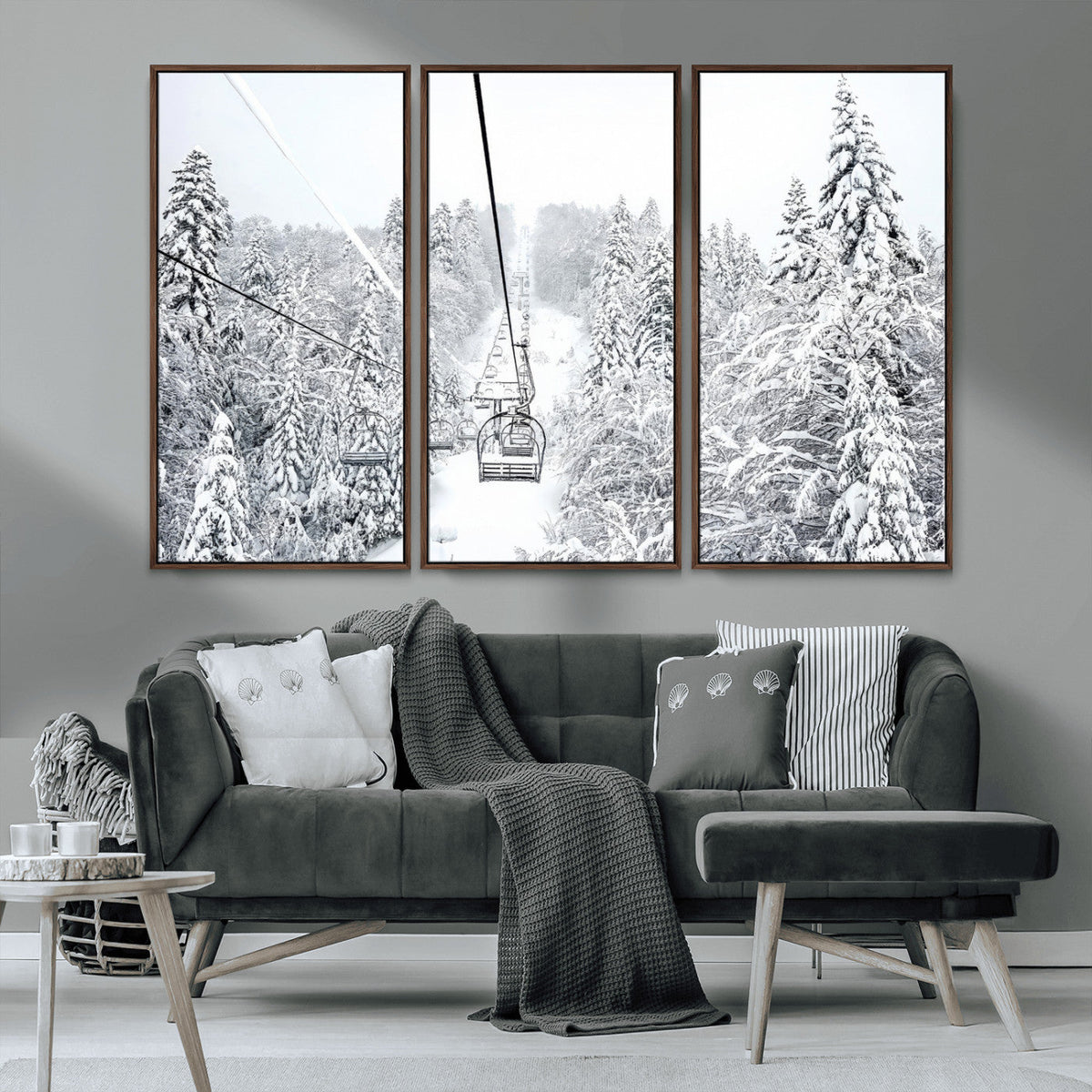 Snowy Ski Lift Wall Art – Framed Winter Mountain Canvas