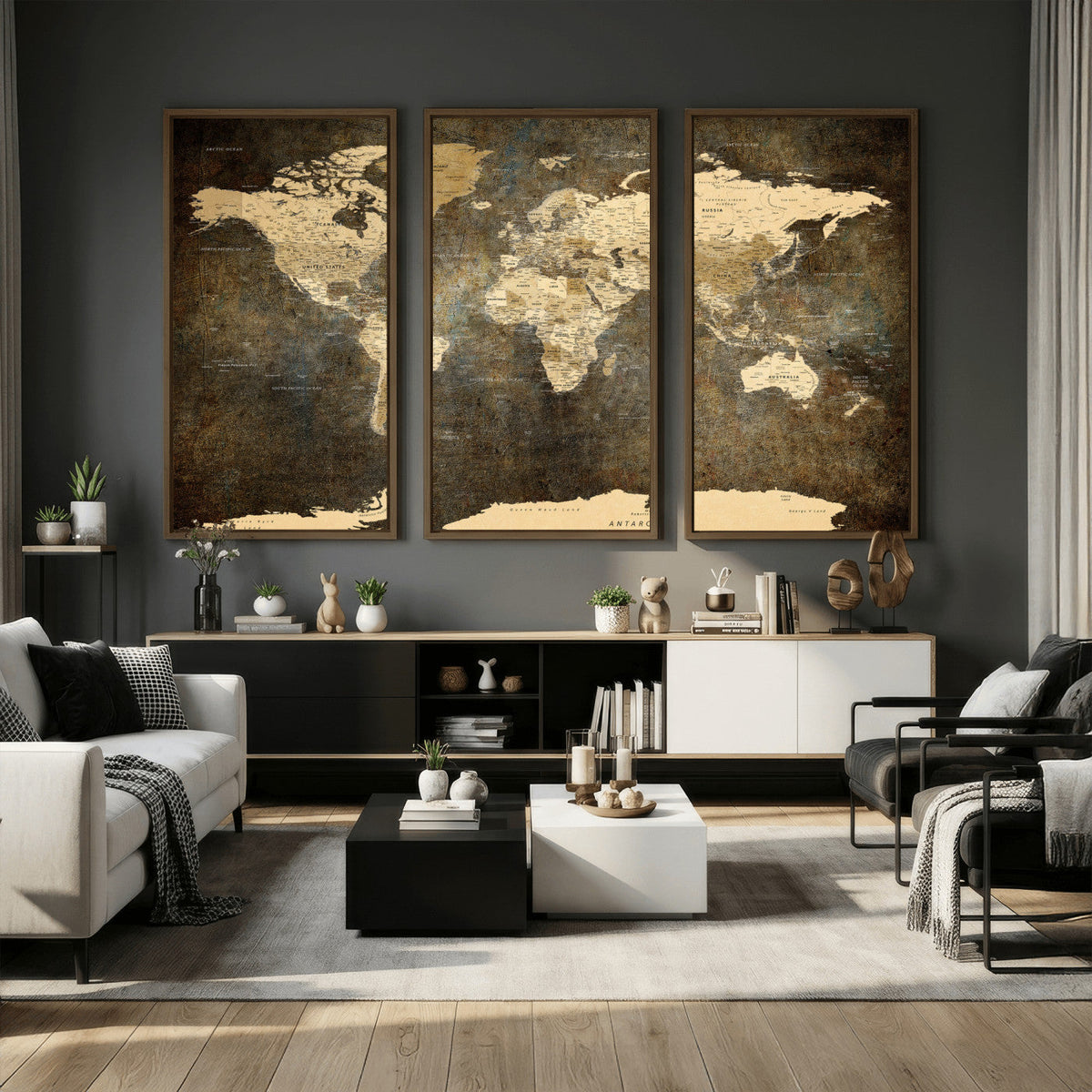 Large Framed Vintage World Map Wall Art Print for Home Wall