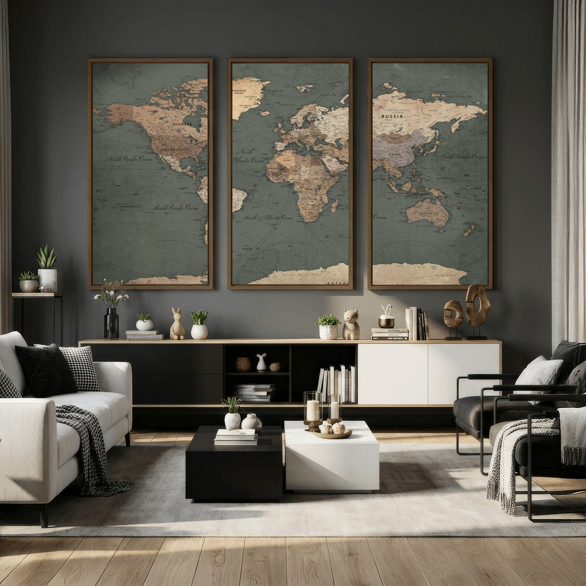 Rustic Black and Wood World Map Canvas Wall Art – Framed