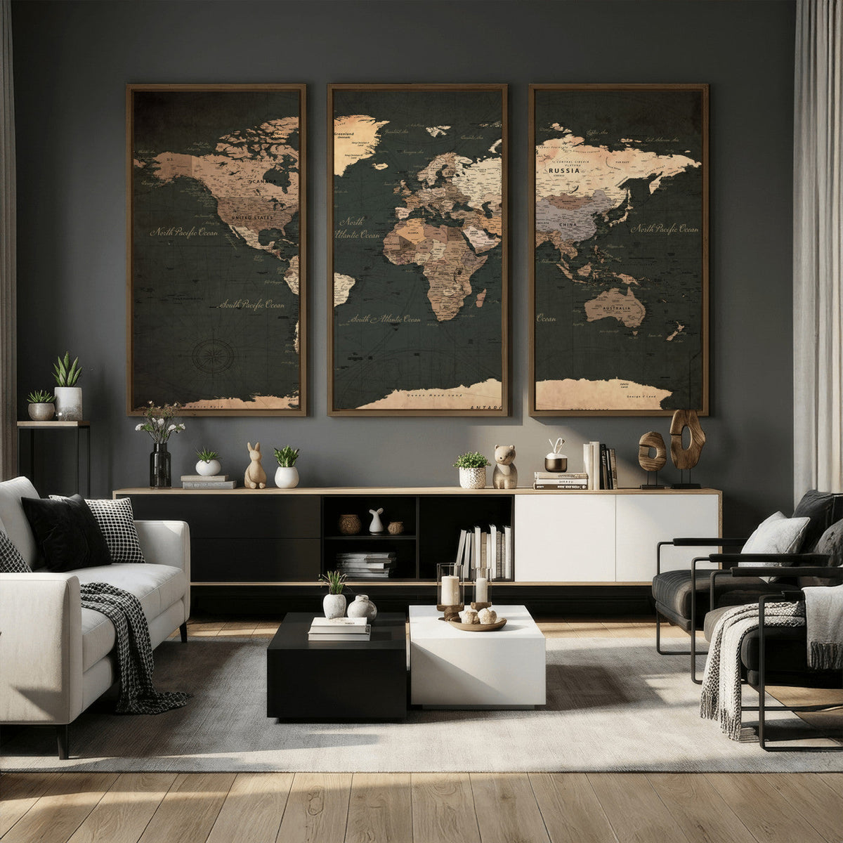 Vintage World Map Canvas Wall Art – Framed Travel Map for