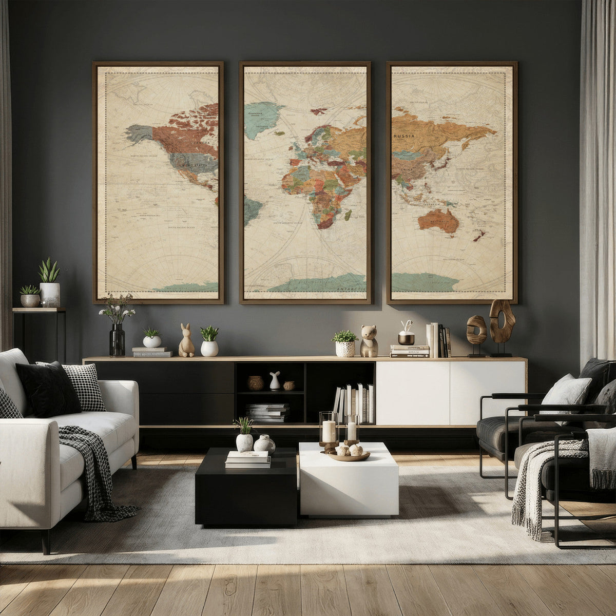 Vintage World Map Canvas Wall Art Print – Framed Modern