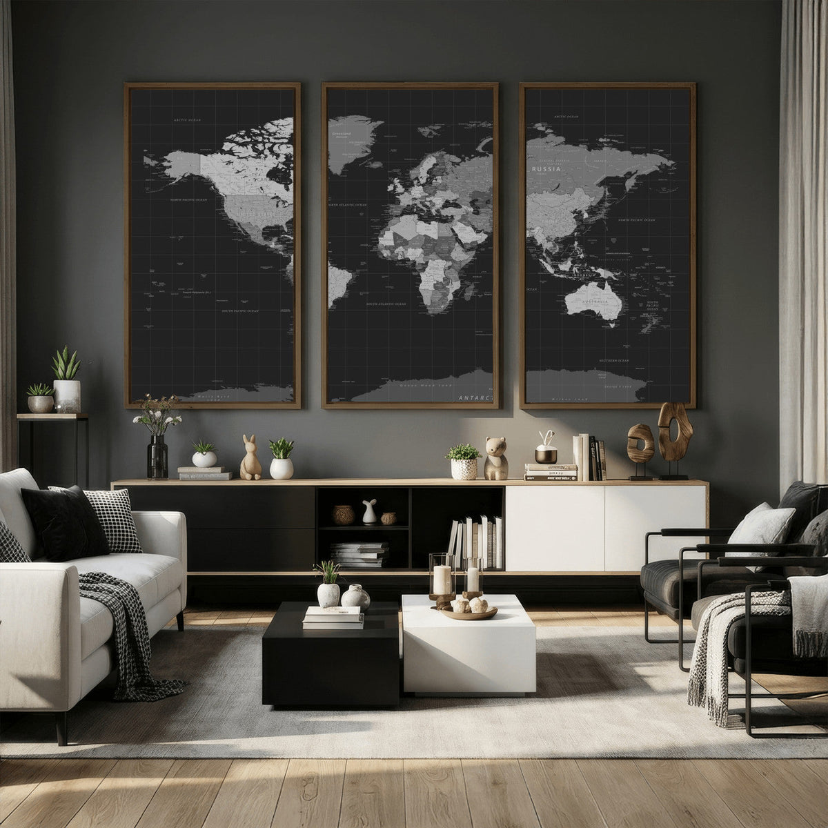Black World Map Wall Art Canvas Print – Detailed Map of the