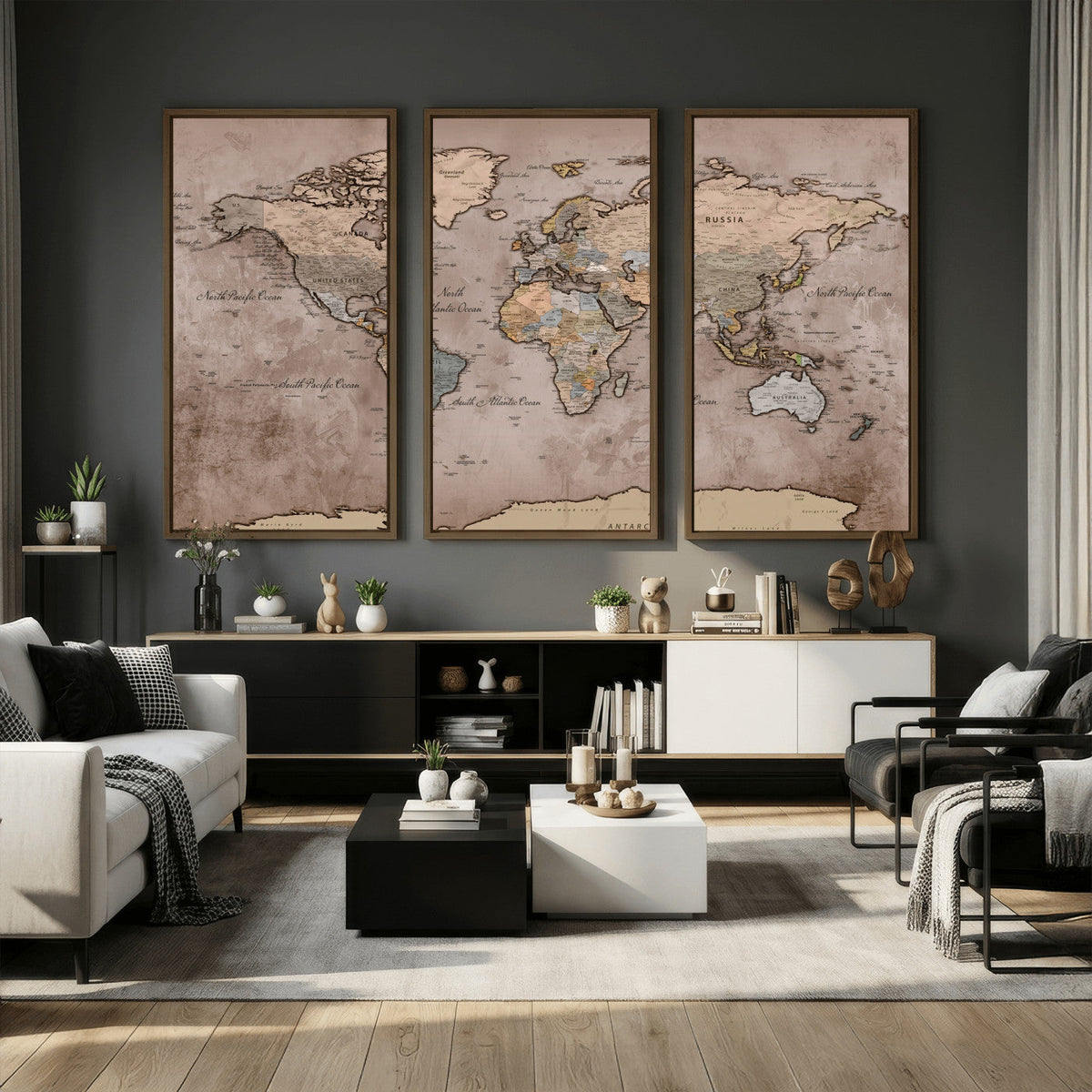 Grunge World Map Canvas Wall Art - Vintage Aged World Map