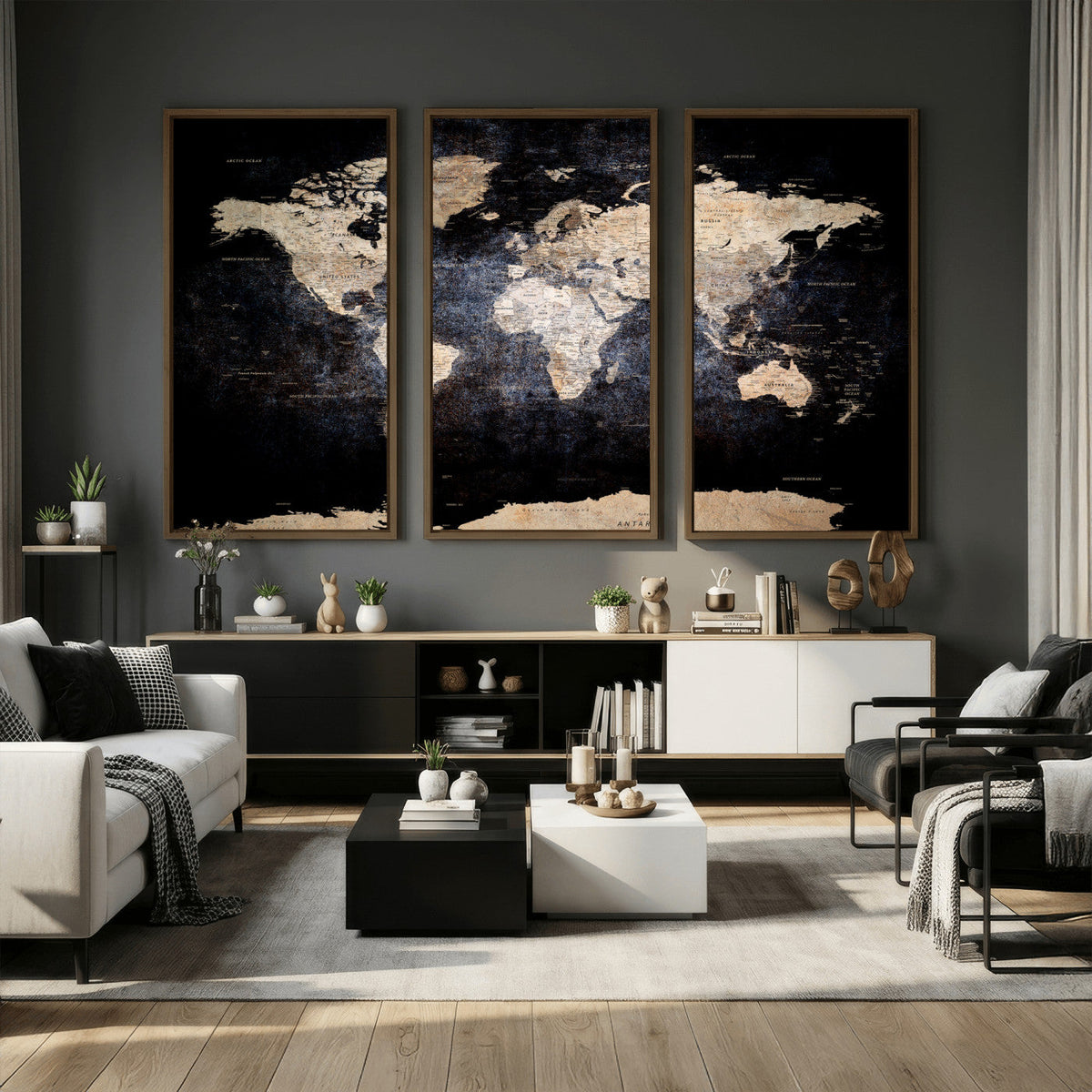 Grunge World Map Wall Art | 3-Panel Large Beige and Brown