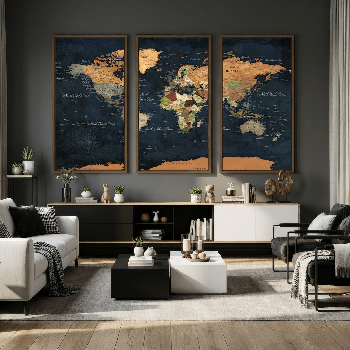 Vintage World Map Canvas Wall Art – Detailed Map with