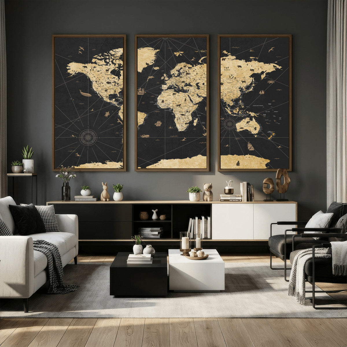 Vintage Blue and Brown World Map Canvas Wall Art – Framed