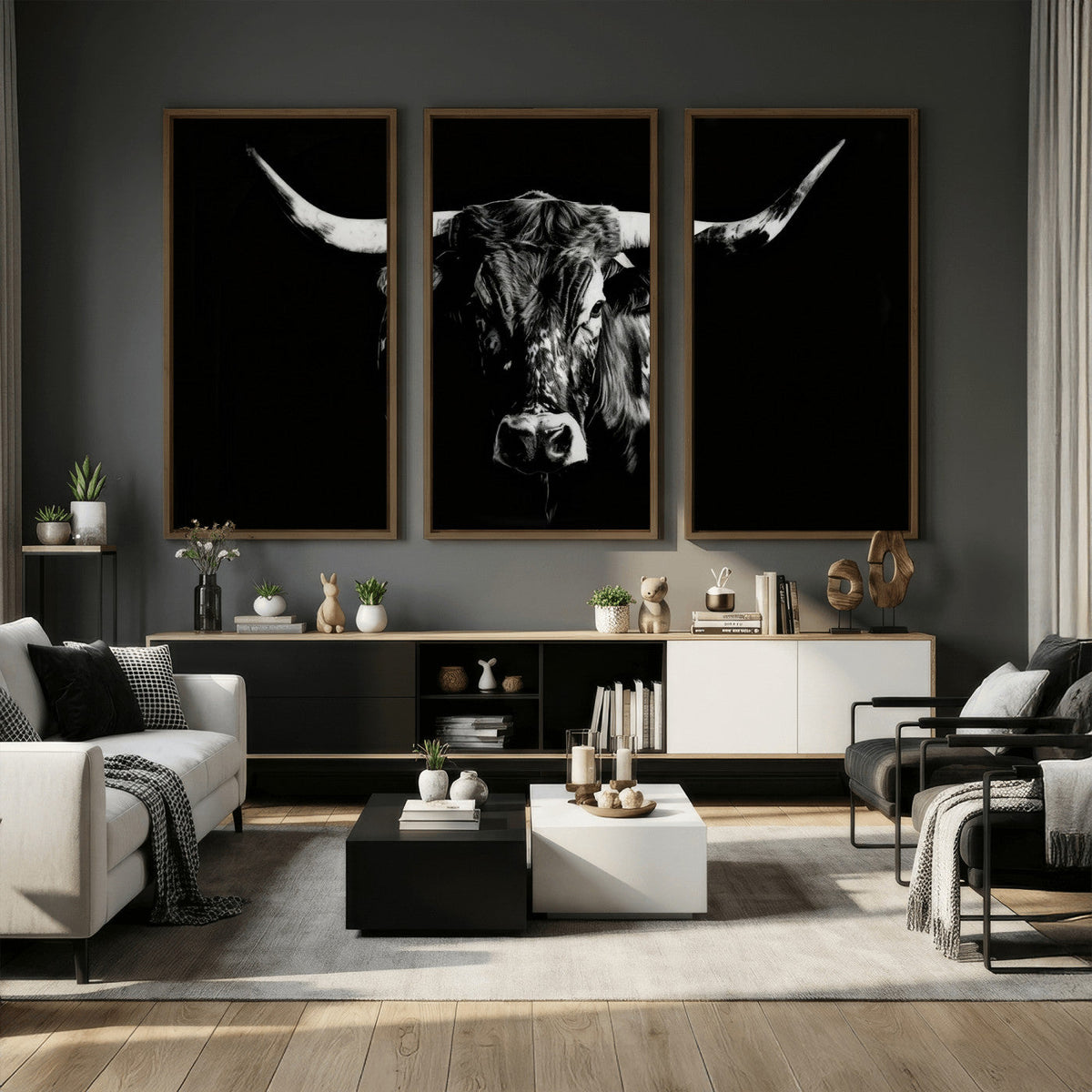 Black Bull Wall Art Canvas Print, Dark Longhorn Portrait
