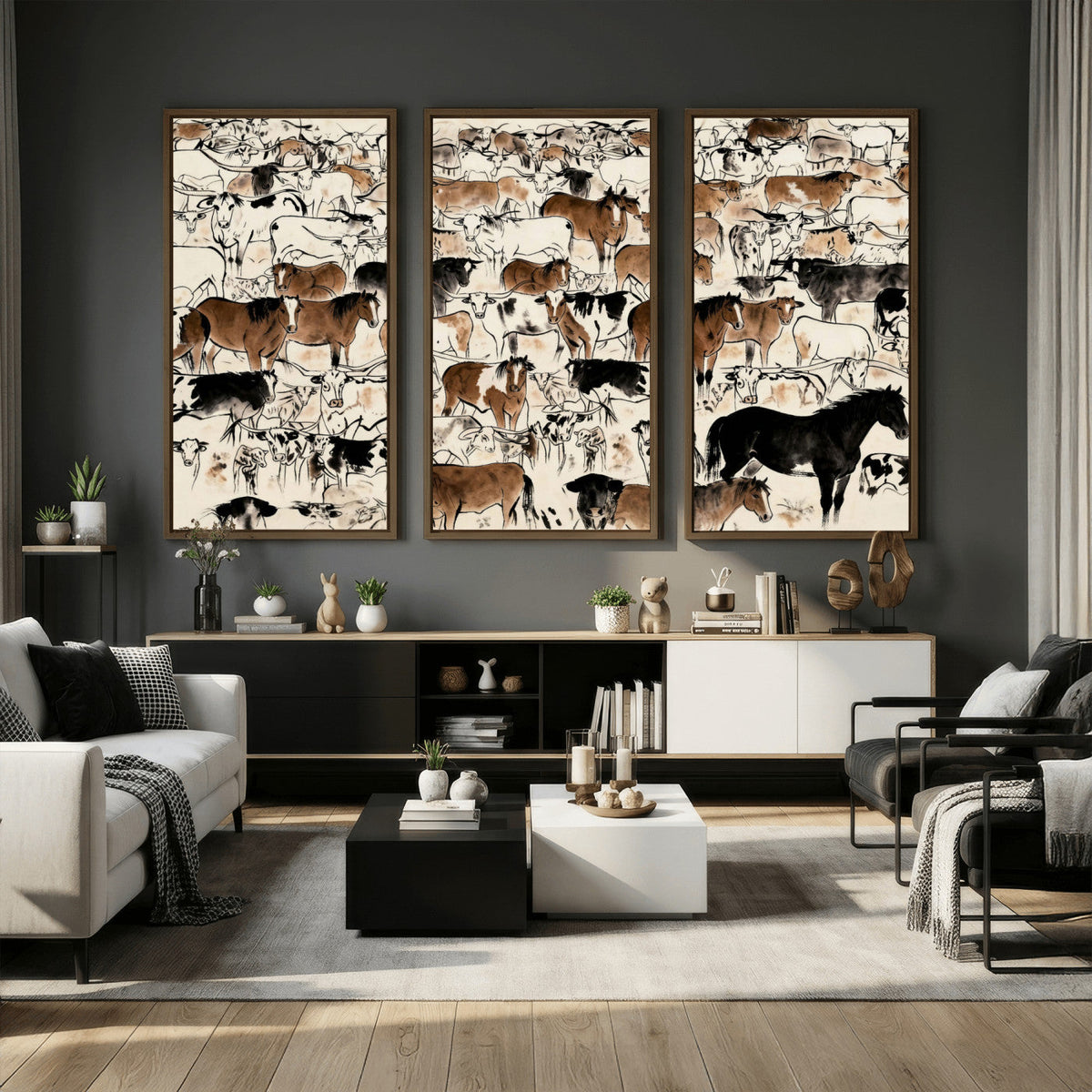 Farmhouse Animals Horse Longhorn Cow Wall Art Canvas Print -