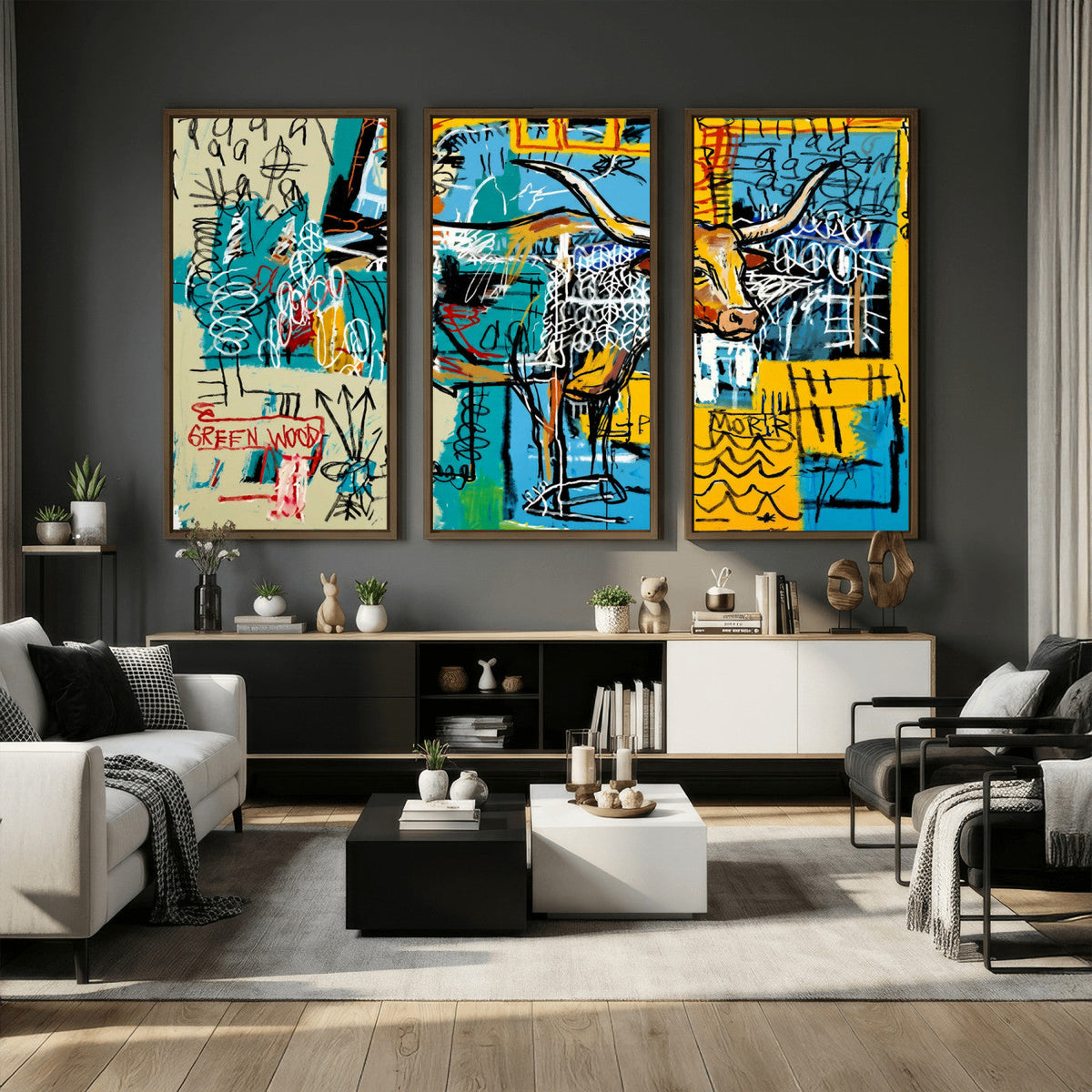Basquiat Style Bird Bull Graffiti Wall Art Canvas Print,