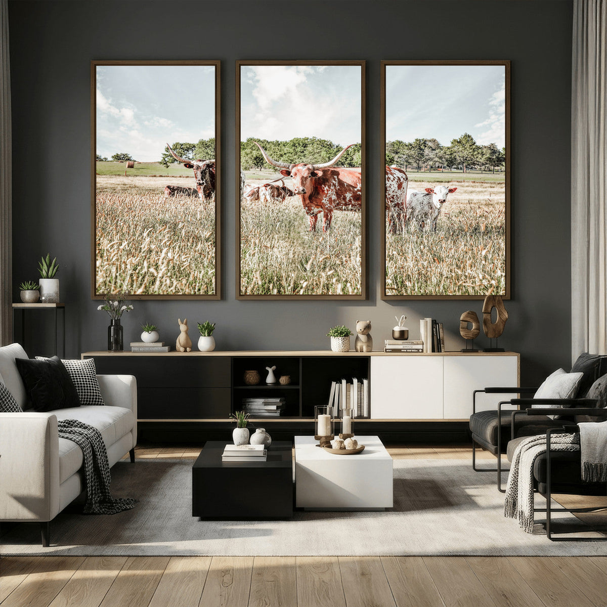 Texas Longhorn Cattle Wall Art Canvas Print, Rustic Ranch