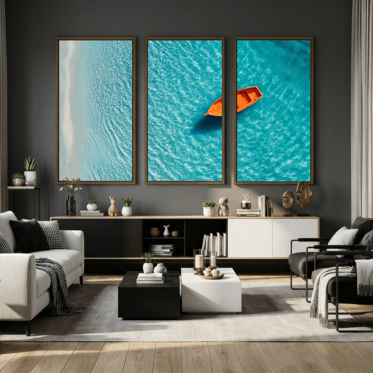 Minimalist Boat Wall Art Canvas Print, Aerial Sea Landscape