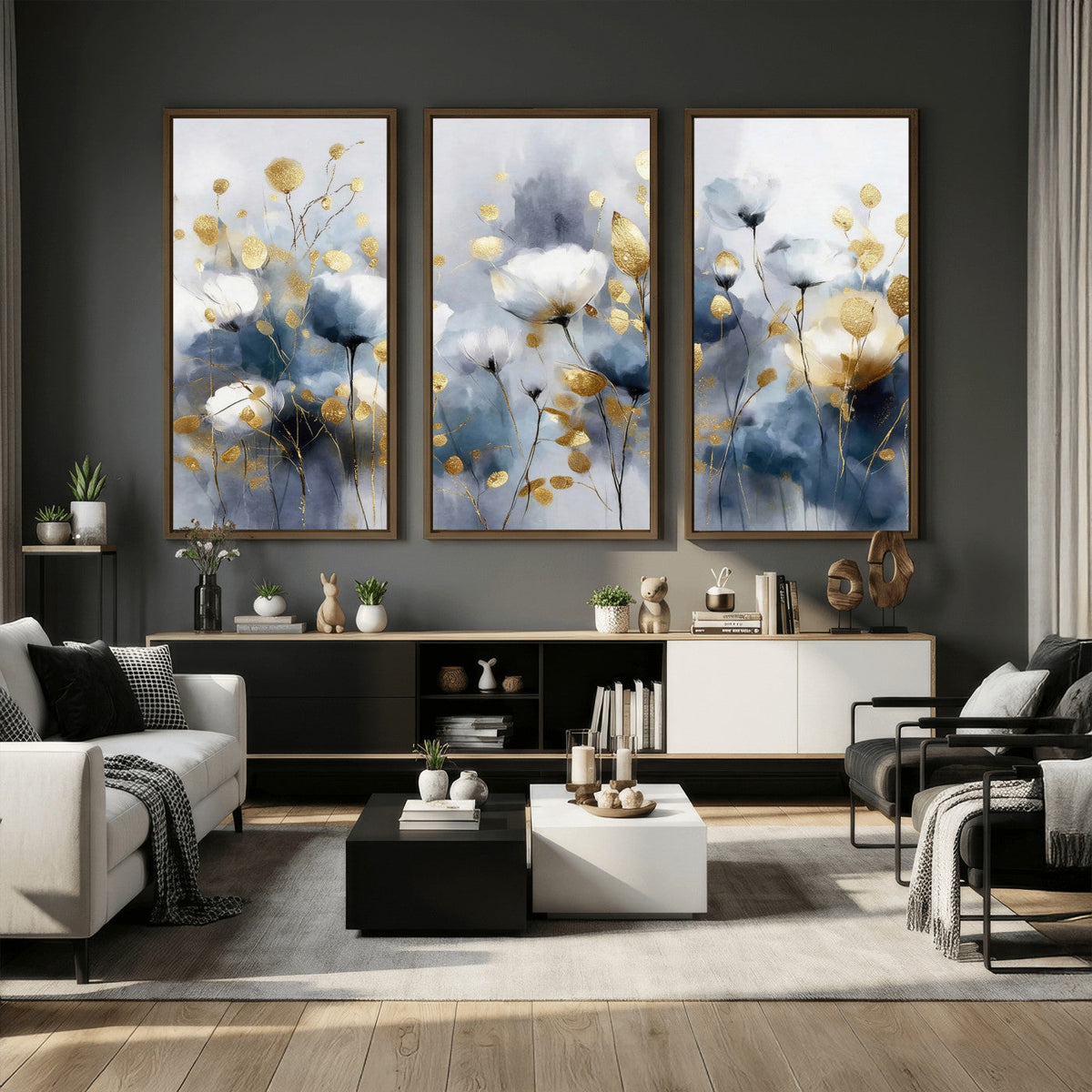 Large Abstract Flowers Wall Art Canvas Print – Gold and Blue