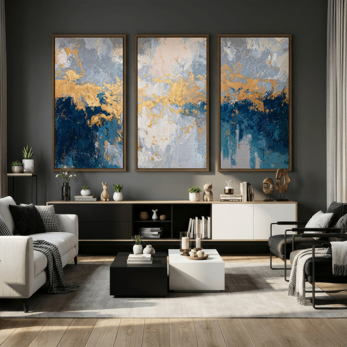 Blue Gold Abstract Large Framed Canvas Wall Art, Modern