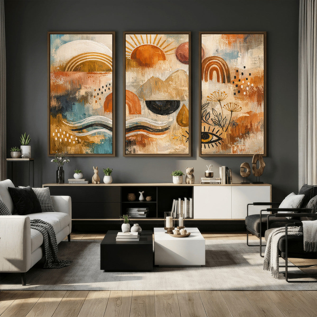 Geometric Boho Abstract Wall Art Canvas Print, Orange Blue