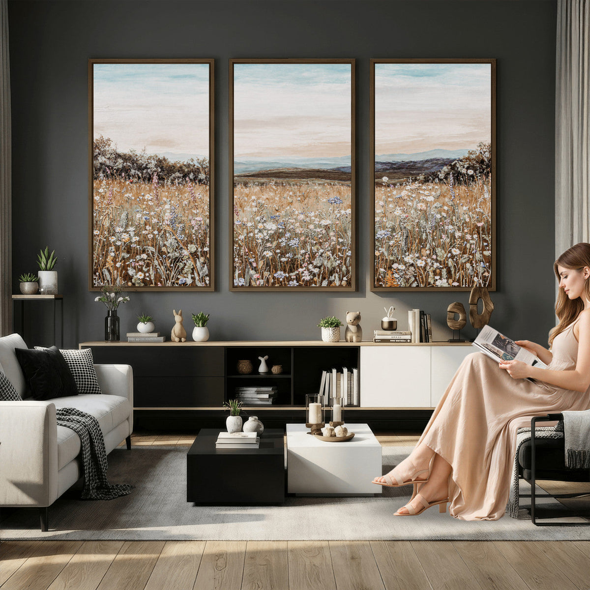 Neutral Wildflower Field Canvas Wall Art — Beige Earth Tone