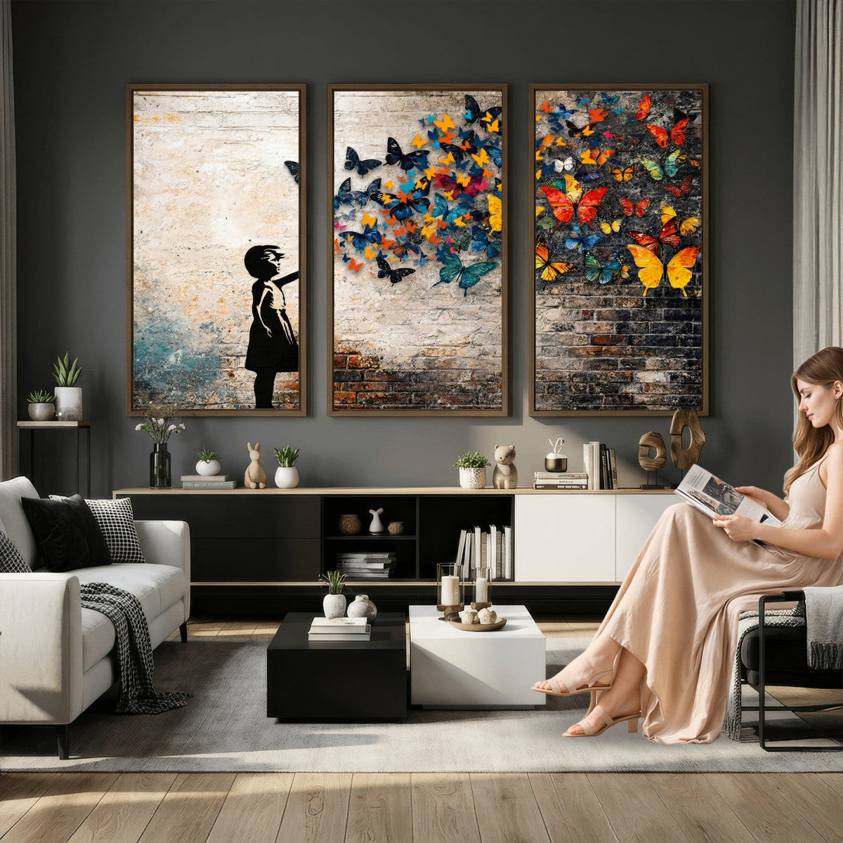 Banksy Graffiti Butterfly Girl Wall Art Canvas Print, Framed