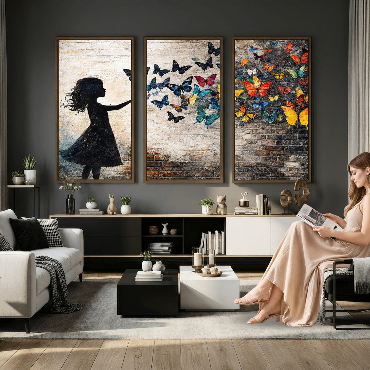 Banksy Butterfly Girl Wall Art Canvas Print, Framed Street