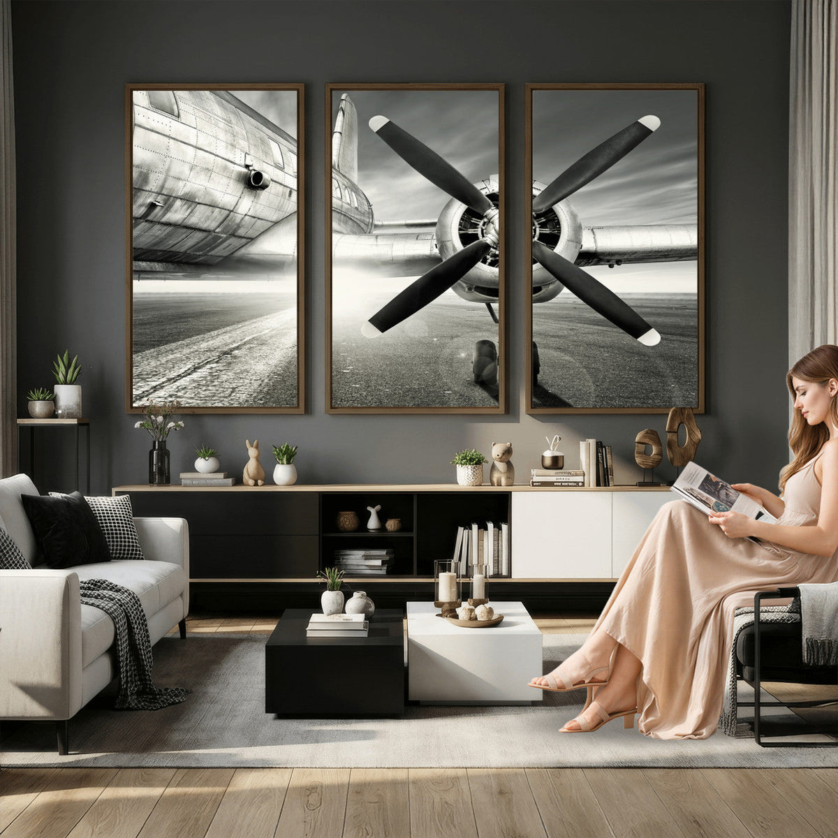 Vintage Airplane Wall Art Canvas Print, Black and White