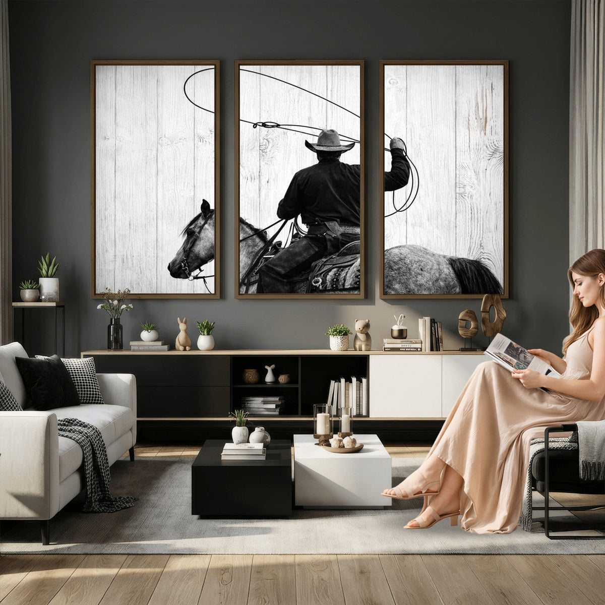 Cowboy Lasso Canvas Wall Art, Black White Western Horse