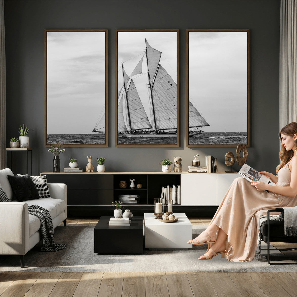 Vintage Sailboat Wall Art Canvas Print, Black and White