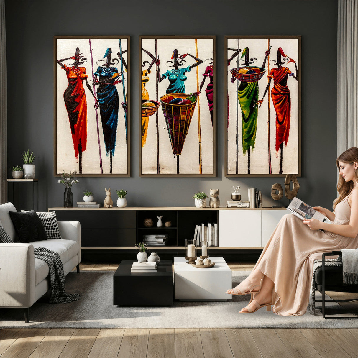 African Folk Art Canvas Wall Art, Colorful African Women Village Painting Print, Tribal Ethnic Home Decor, Vibrant African Art, Living Room