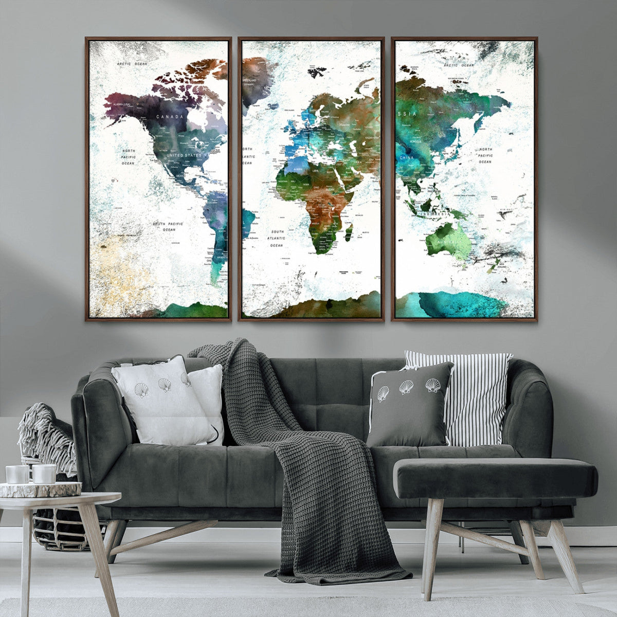 Modern Watercolor World Map Canvas Wall Art – Framed