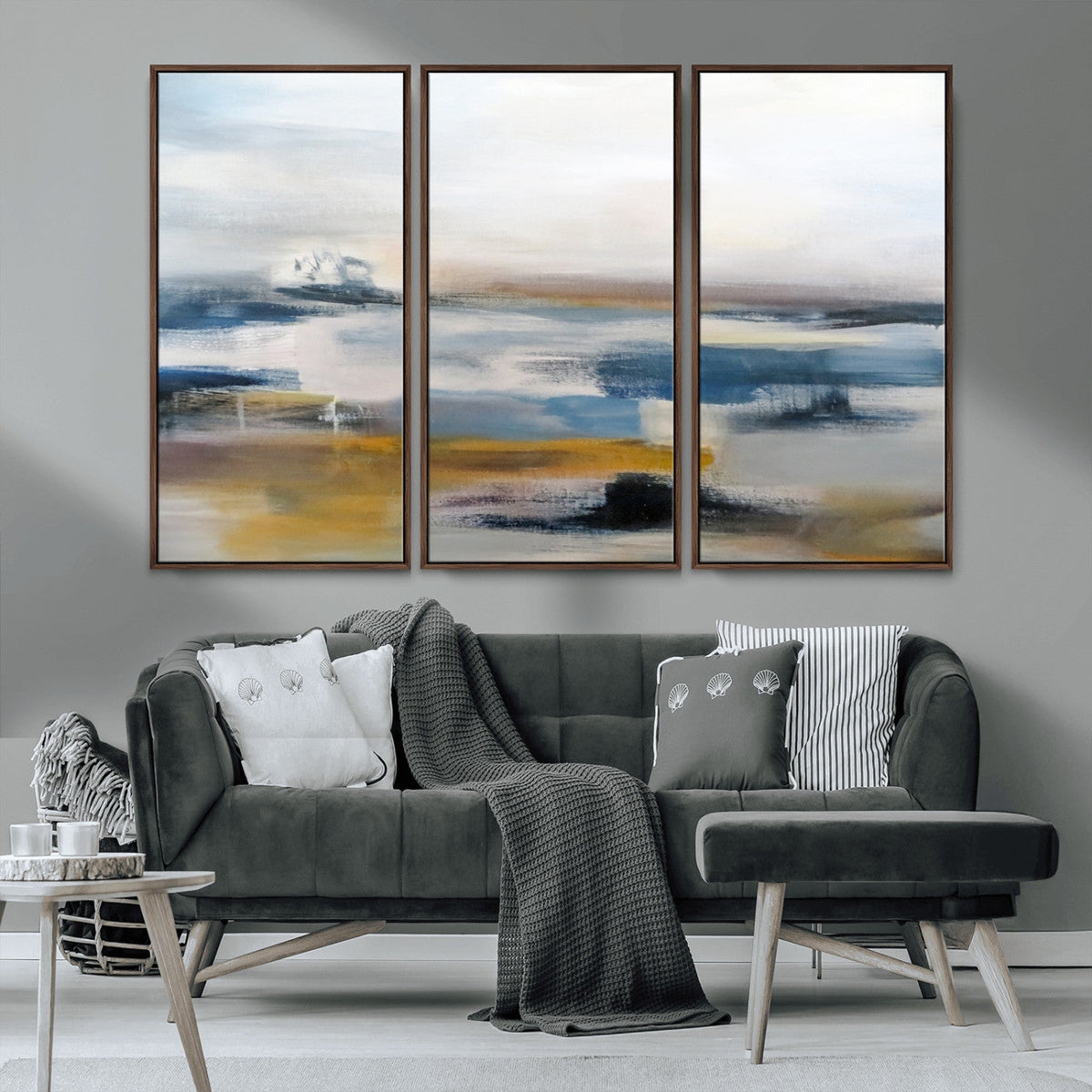Abstract Landscape Wall Art Canvas | 3 Panel Modern Blue,
