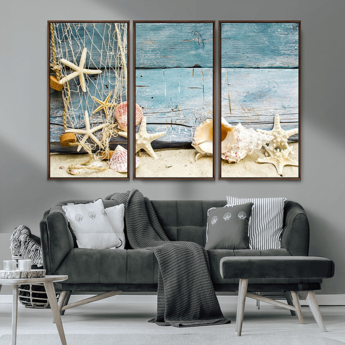 Seashells on Rustic Wooden Background, Seashells Wall Art