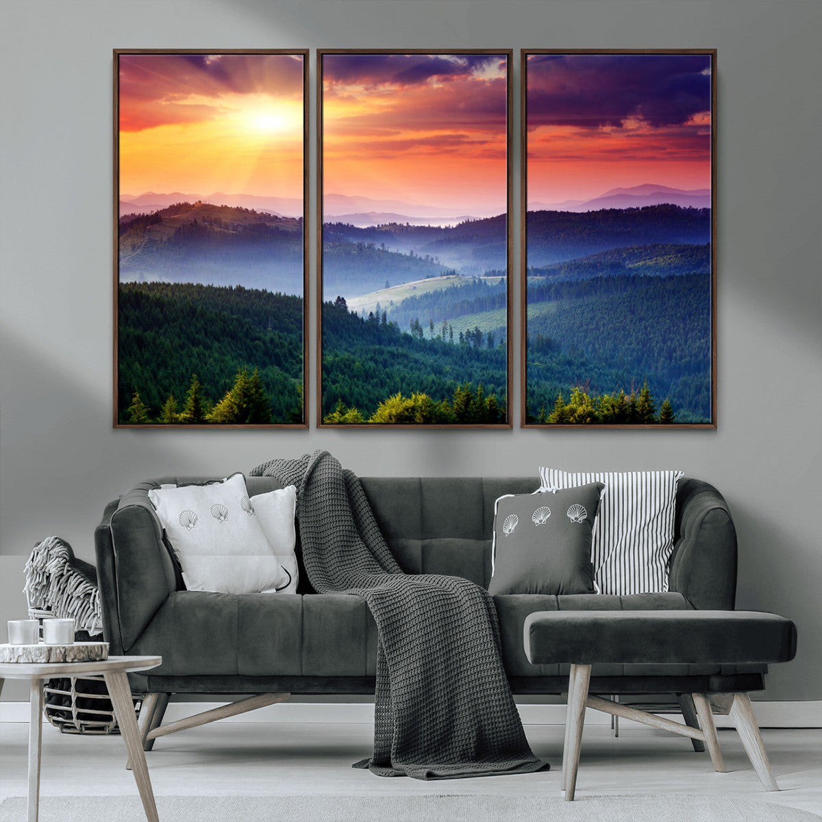 Beautiful Sunset over Hills Forest Landscape Canvas Wall Art