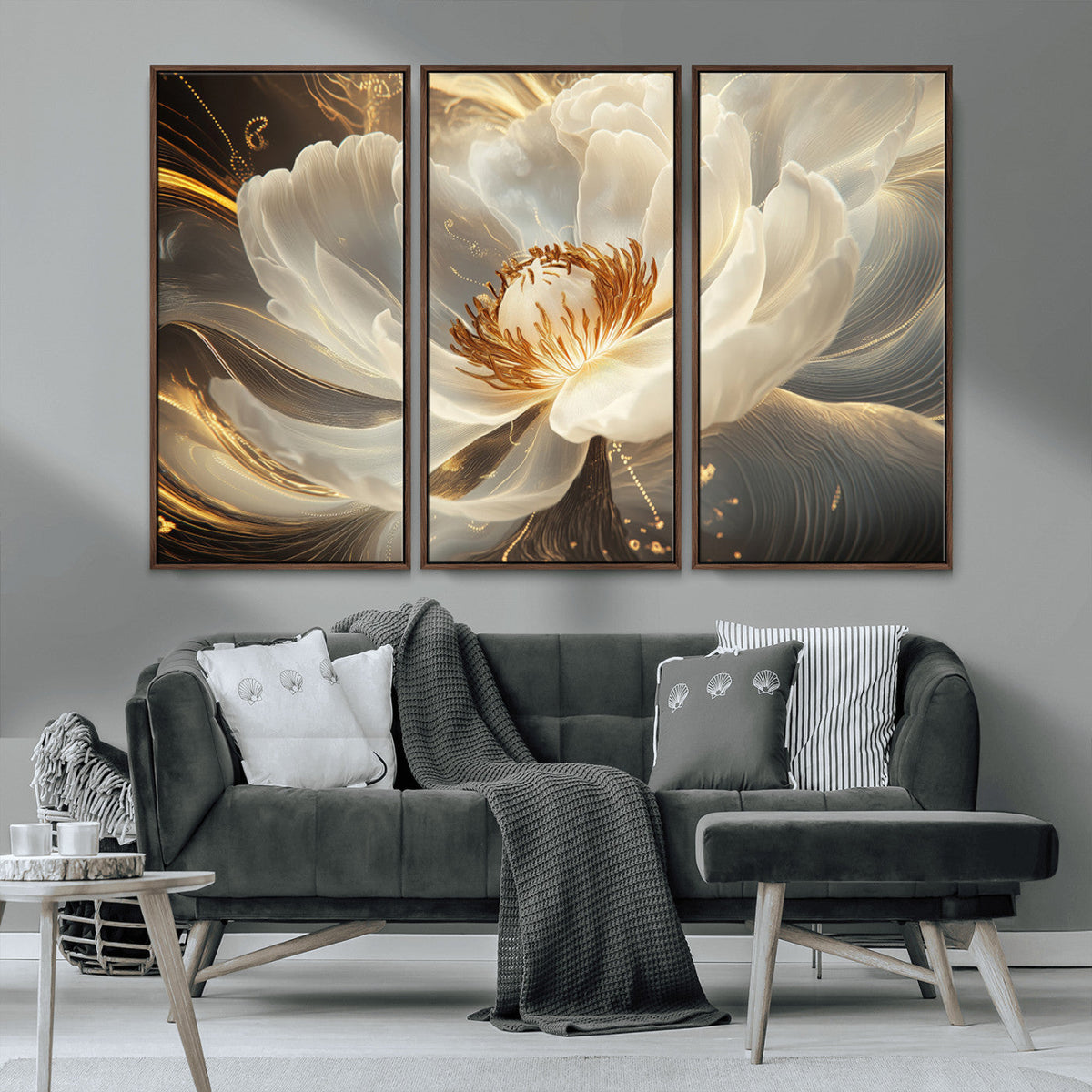 Gold Floral Wall Art Canvas Print, Framed Modern Flower Art