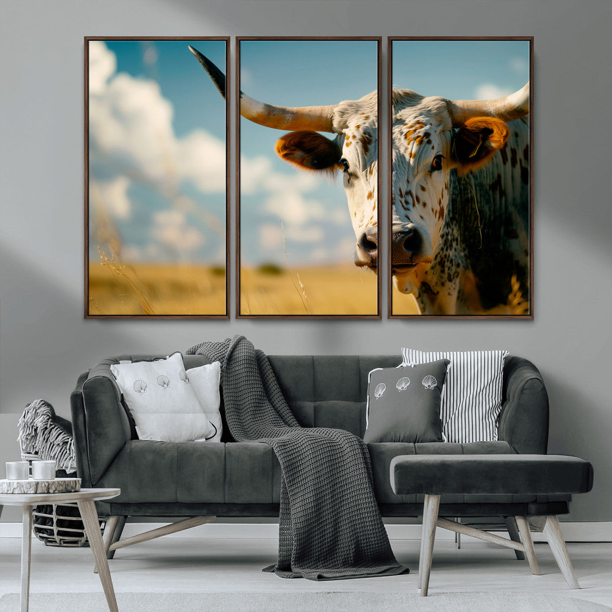 Longhorn in the Prairie - Stunning Ranch-Style Triptych Wall