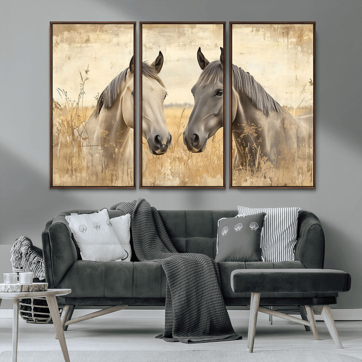Chines Ink Style Grunge Horses Wall Art Canvas Print