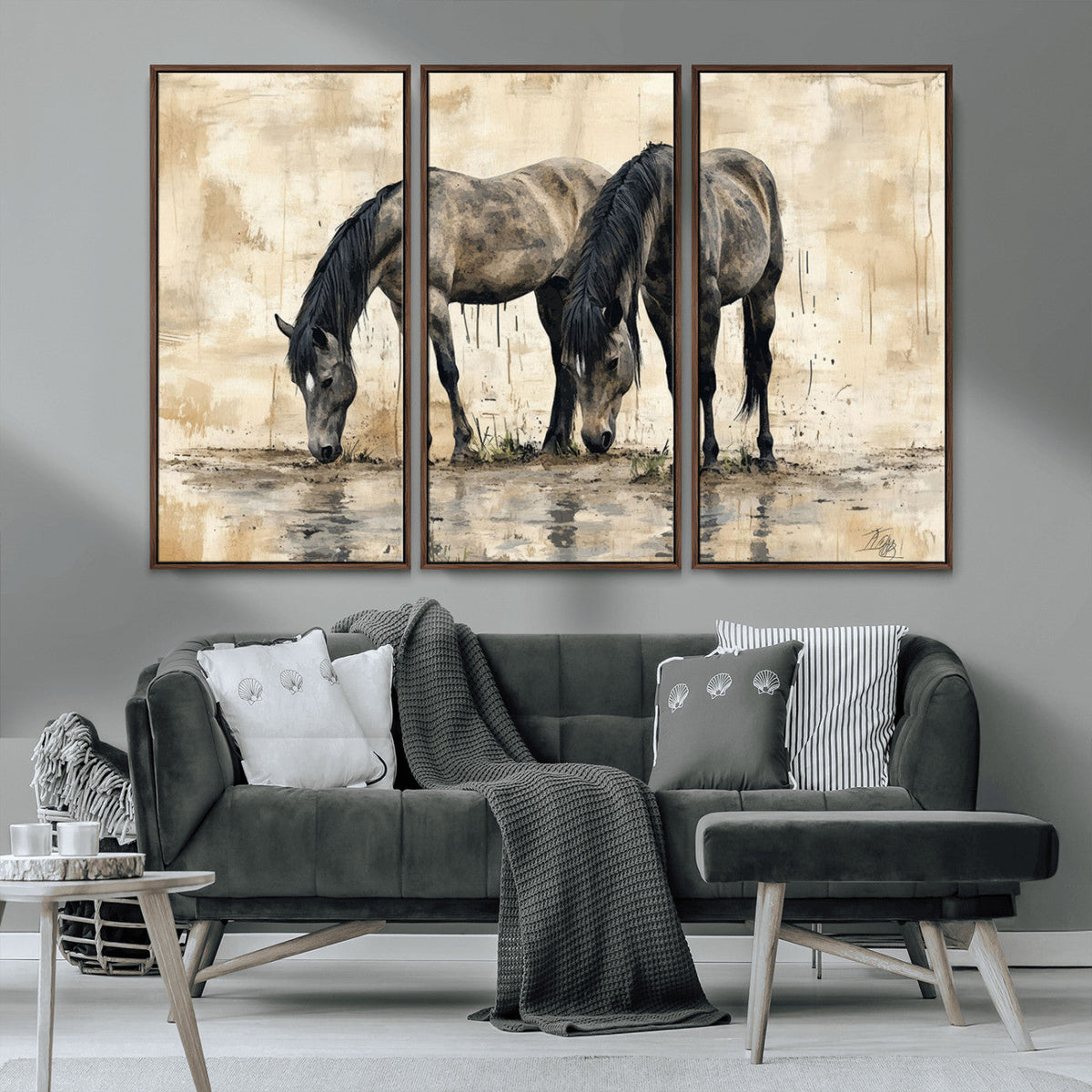 Chinese Style Abstract Black Horses Wall Art Canvas Print -