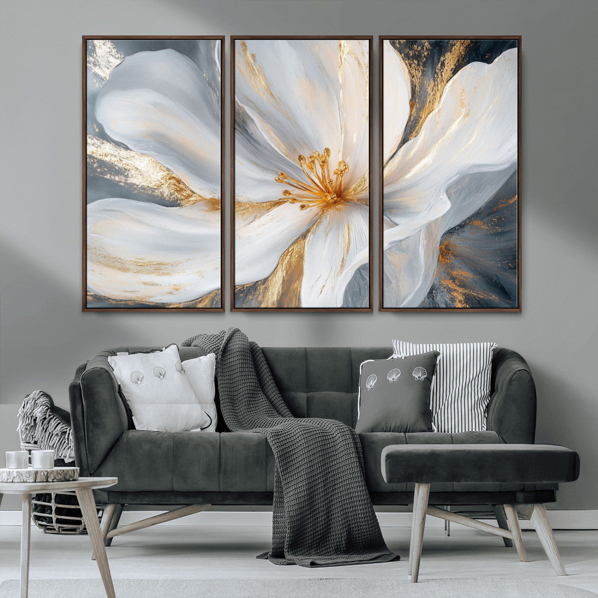 White and Gold Floral Canvas Wall Art - Framed and Ready to