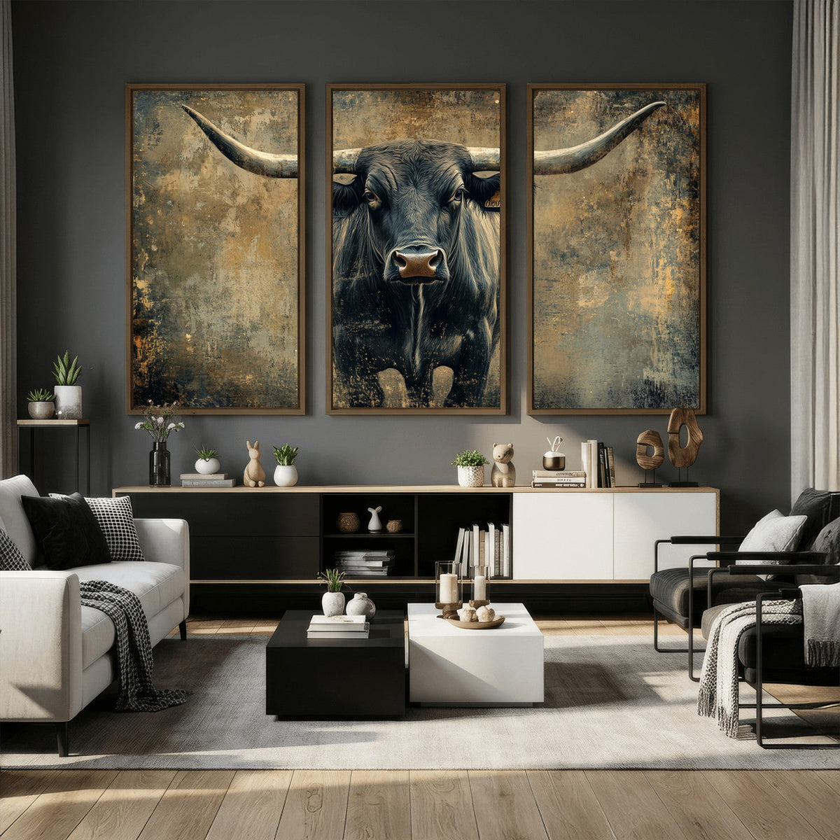 Texas Longhorn Bull Wall Art – Framed Rustic Cow Canvas