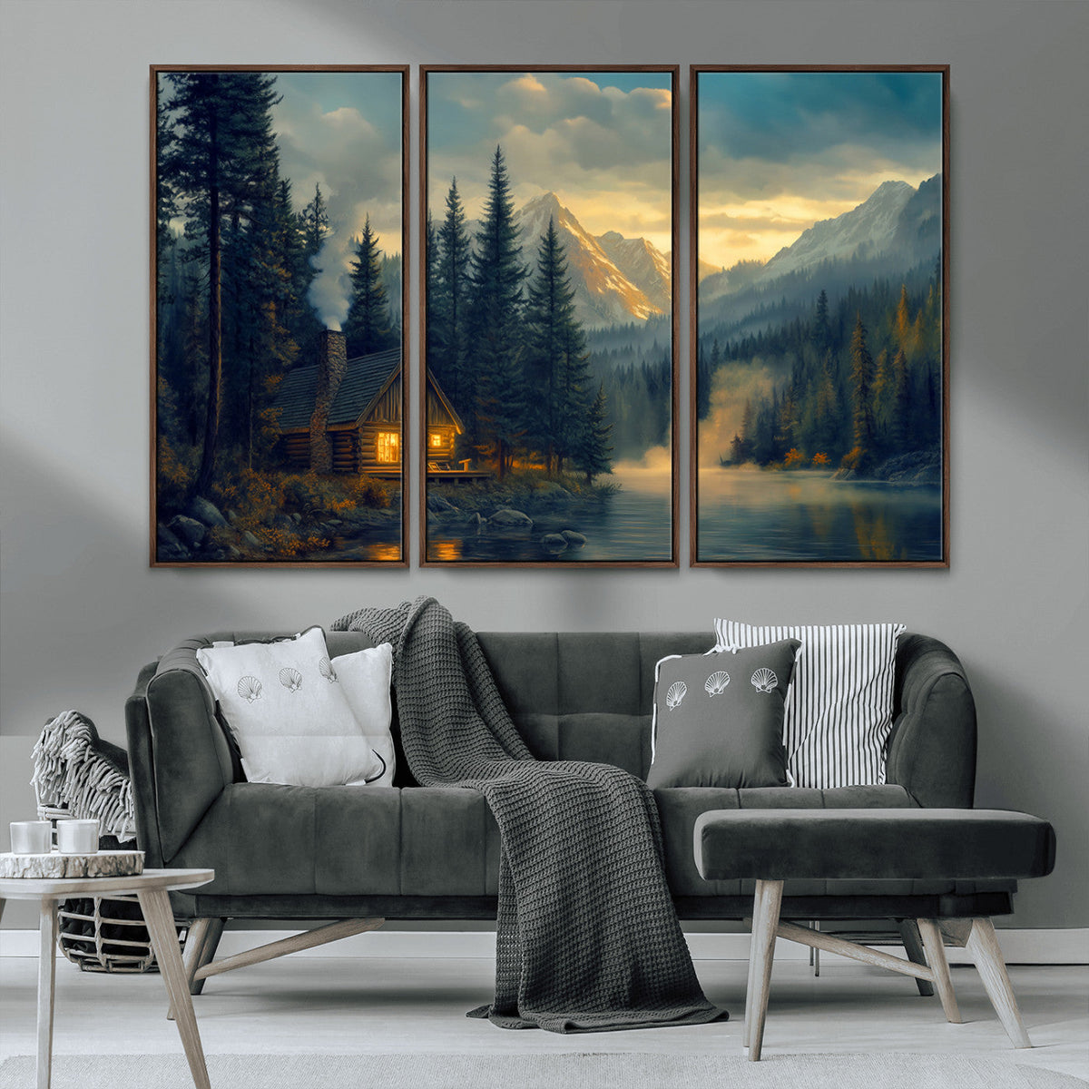 Mountain Cabin by the Lake at Sunset Wall Art - Serene