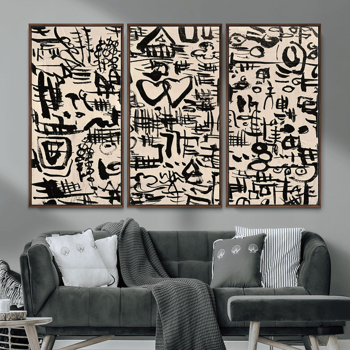 Abstract Love and Chaos Canvas Print, Black Symbols on Beige