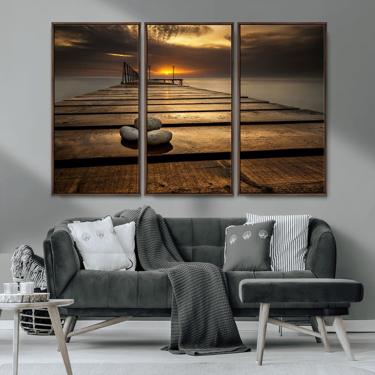 Stones on Wooden Pier at Sunset Canvas Print, Serene Coastal