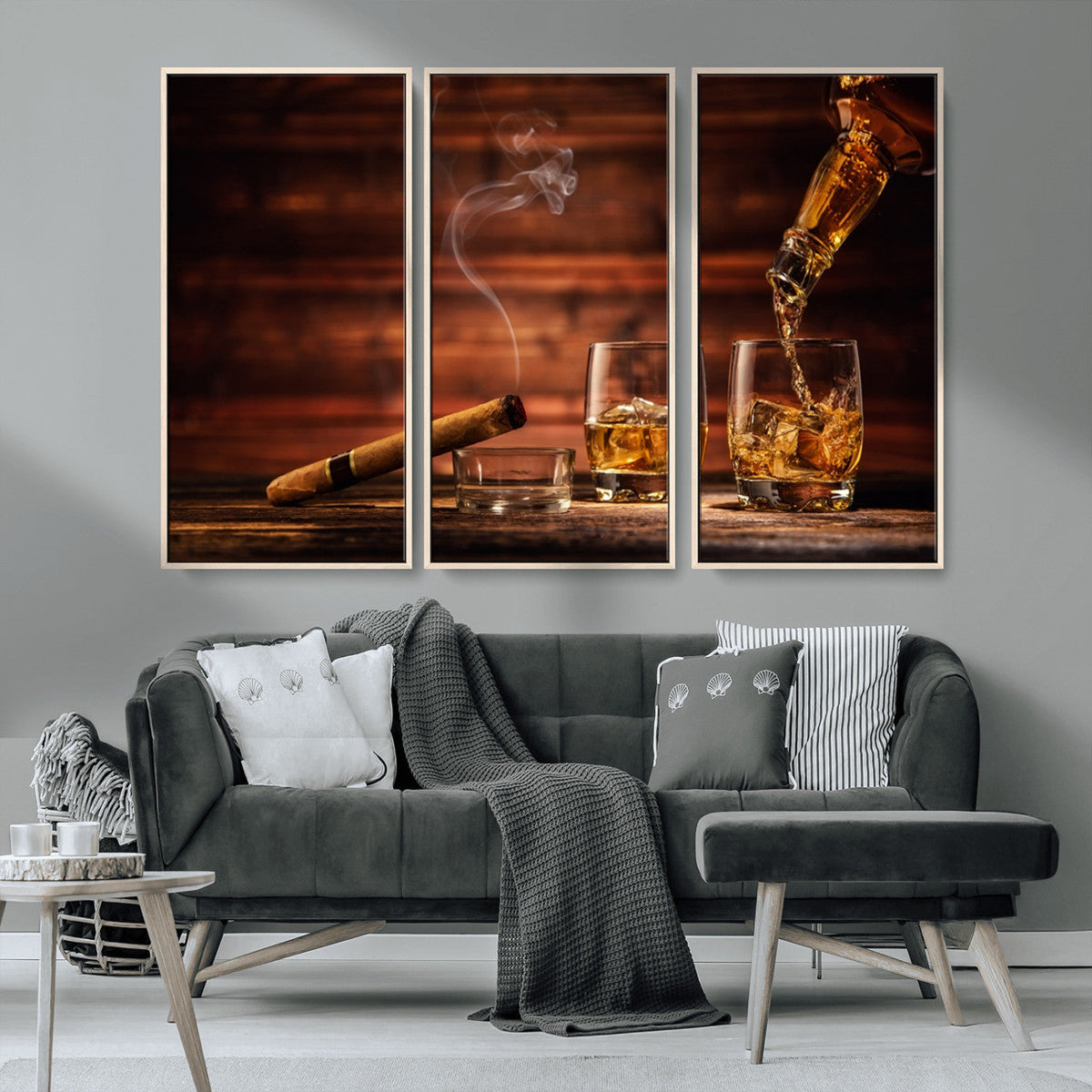 Whiskey and Cigar Wall Art Canvas | 3 Panel Bar Room Decor
